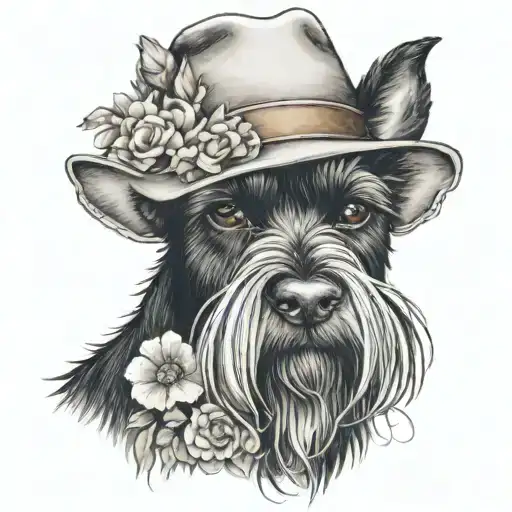 All Black Schnauzer With Cowgirl Hat And Brown Eyes And A Collar And Flowers Looking To The Side
