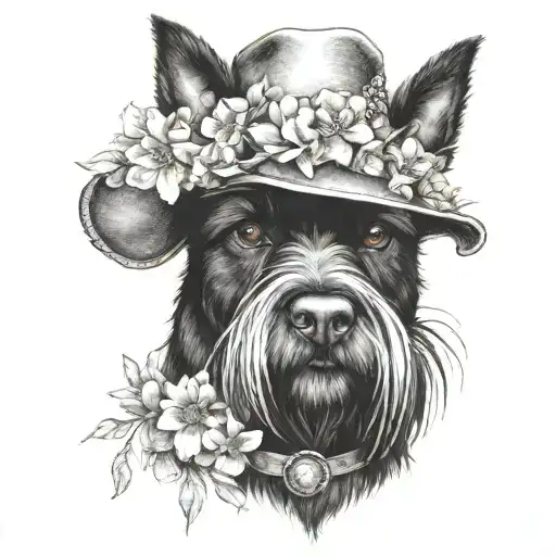 All Black Schnauzer With Cowgirl Hat And Brown Eyes And A Collar And Flowers Looking To The Side