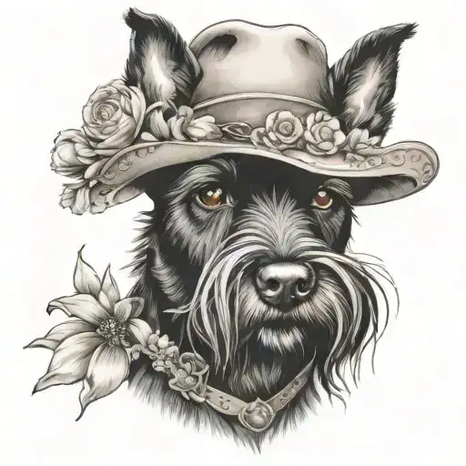 All Black Schnauzer With Cowgirl Hat And Brown Eyes And A Collar And Flowers Looking To The Side