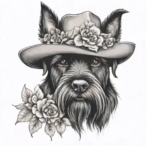 All Black Schnauzer With Cowgirl Hat And Brown Eyes And A Collar And Flowers Looking To The Side