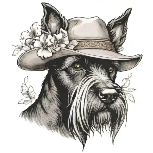 All Black Schnauzer With Cowgirl Hat And Brown Eyes And A Collar And Flowers Looking To The Side