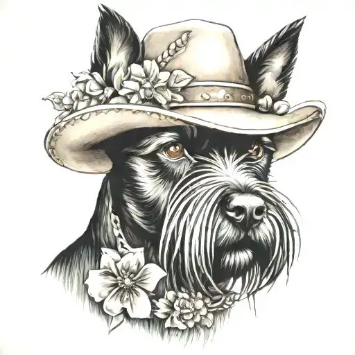 All Black Schnauzer With Cowgirl Hat And Brown Eyes And A Collar And Flowers Looking To The Side