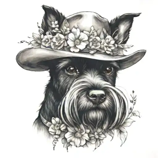 All Black Schnauzer With Cowgirl Hat And Brown Eyes And A Collar And Flowers Looking To The Side