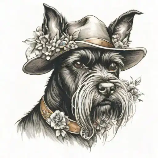 All Black Schnauzer With Cowgirl Hat And Brown Eyes And A Collar And Flowers Looking To The Side