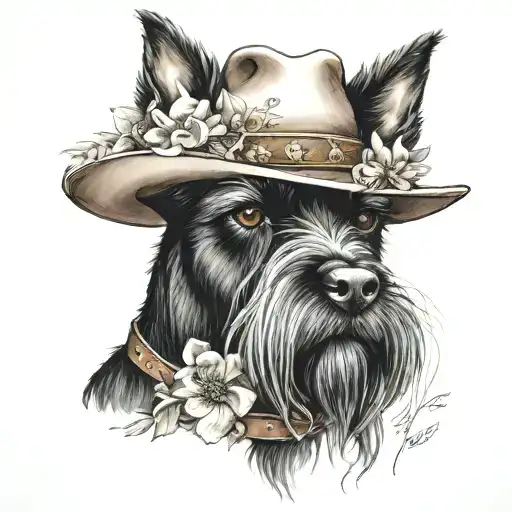 All Black Schnauzer With Cowgirl Hat And Brown Eyes And A Collar And Flowers Looking To The Side