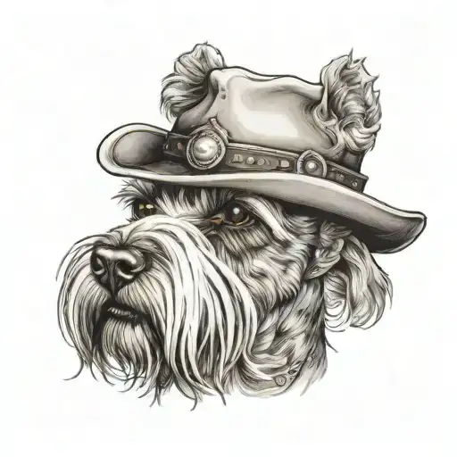 Salt And Pepper Schnauzer With Cowboy Hat And Brown Eyes And A Collar Looking To The Side