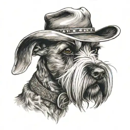 Salt And Pepper Schnauzer With Cowboy Hat And Brown Eyes And A Collar Looking With Smoke