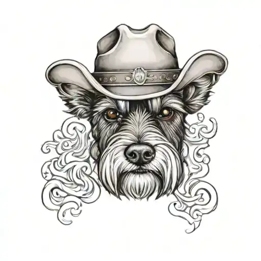 Salt And Pepper Schnauzer With Cowboy Hat And Brown Eyes And A Collar Looking With Smoke