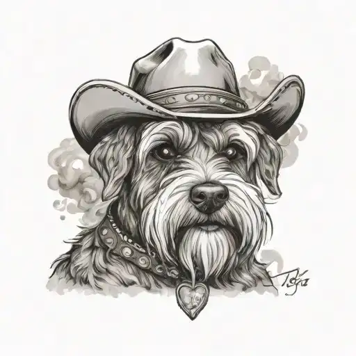 Salt And Pepper Schnauzer With Cowboy Hat And Brown Eyes And A Collar Looking With Smoke