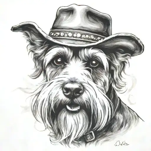 Salt And Pepper Schnauzer With Cowboy Hat And Brown Eyes And A Collar Looking With Smoke