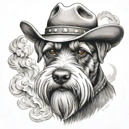 Salt And Pepper Schnauzer With Cowboy Hat And Brown Eyes And A Collar Looking With Smoke