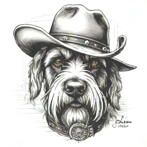 Salt And Pepper Schnauzer With Cowboy Hat And Brown Eyes And A Collar Looking With Western Pistol