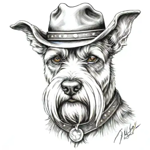 Salt And Pepper Schnauzer With Cowboy Hat And Brown Eyes And A Collar Looking With Western Pistol