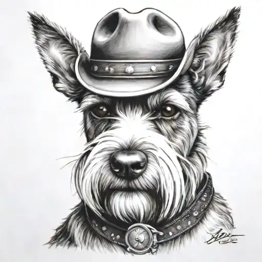 Salt And Pepper Schnauzer With Cowboy Hat And Brown Eyes And A Collar Looking With Western Pistol