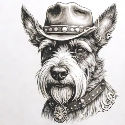 Salt And Pepper Schnauzer With Cowboy Hat And Brown Eyes And A Collar Looking With Western Pistol
