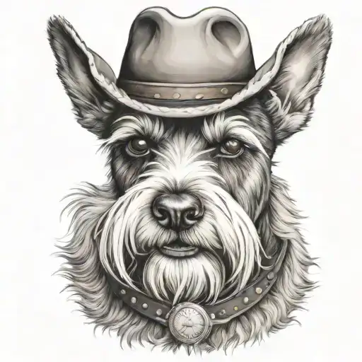 Salt And Pepper Schnauzer With Cowboy Hat And Brown Eyes And A Collar Looking With Western Pistol