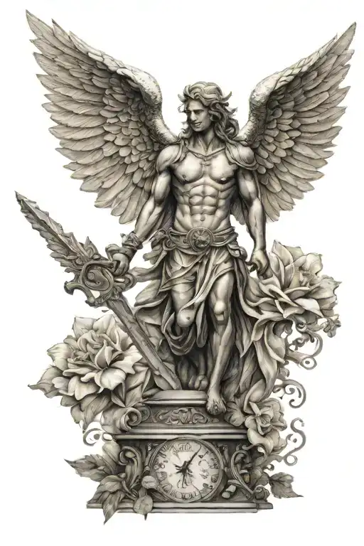 A Warrior Angel With A Flower In The Background And A Scale Of Justice