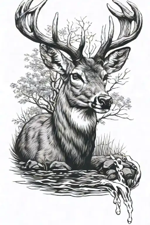 Forearm Tattoo Of Deer Drinking From Stream Flowing Down From My Bicep