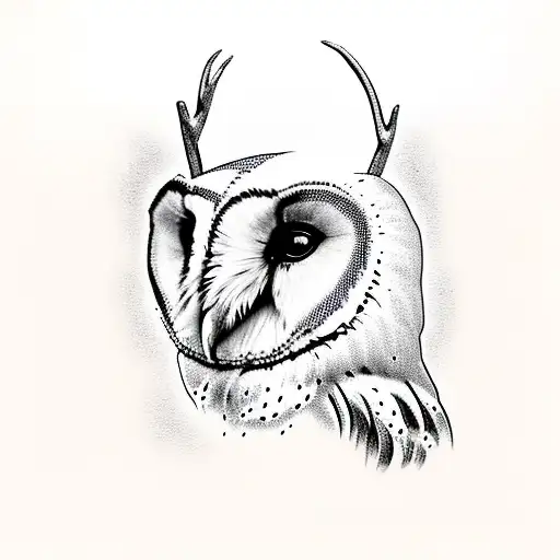 Barn Owl With Oak Branches Instead Of Antlers Like A Deer