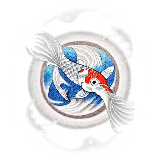 Create A Realistic Tattoo Of A Japanese Koi Fish Swimming Through Polynesian-style Waves
