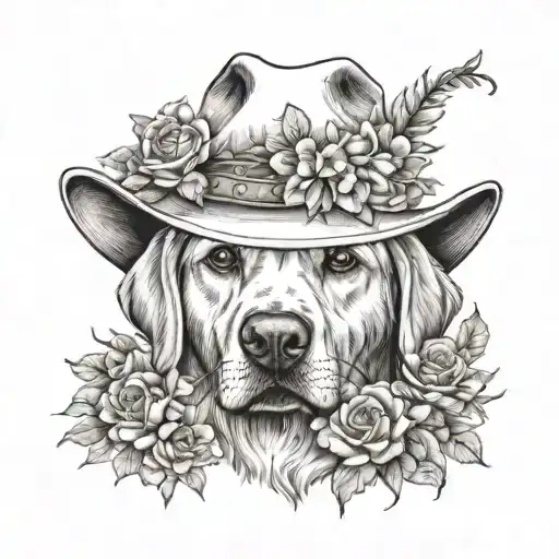 Golden Female Labrador With A Cowgirl Hat On With Flowers
