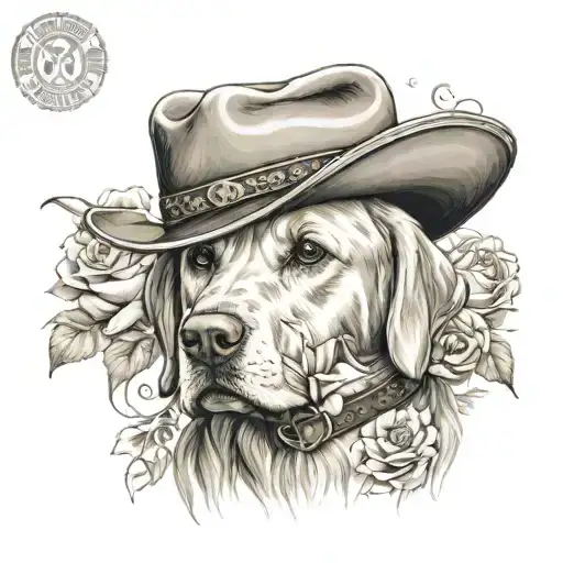 Golden Female Labrador With A Cowgirl Hat On And Western Background