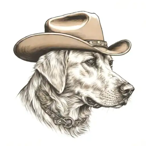 Older Golden Female Labrador With A Cowgirl Hat On And Western Background