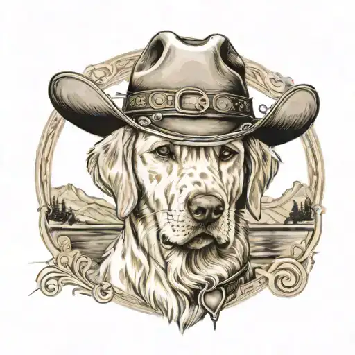 Older Golden Female Labrador With A Cowgirl Hat On And Collar And Western Background