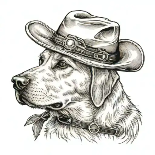 Older Golden Female Labrador With A Cowgirl Hat On And Collar And Western Background