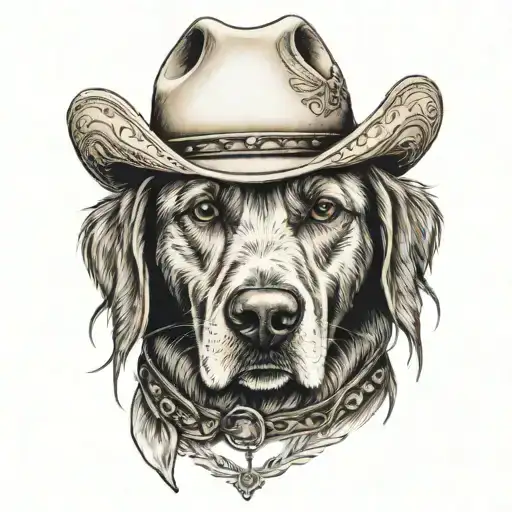 Older Golden Female Labrador With A Cowgirl Hat On And Collar And Western Theme