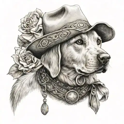 Older Golden Female Labrador With A Cowgirl Hat On And Collar And Western Theme