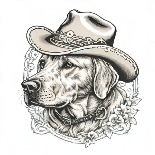 Older Golden Female Labrador With A Cowgirl Hat On And Collar And Western Theme
