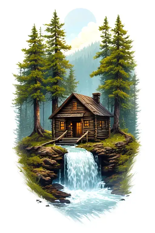 Small Cabin In Woods With Waterfall Behind