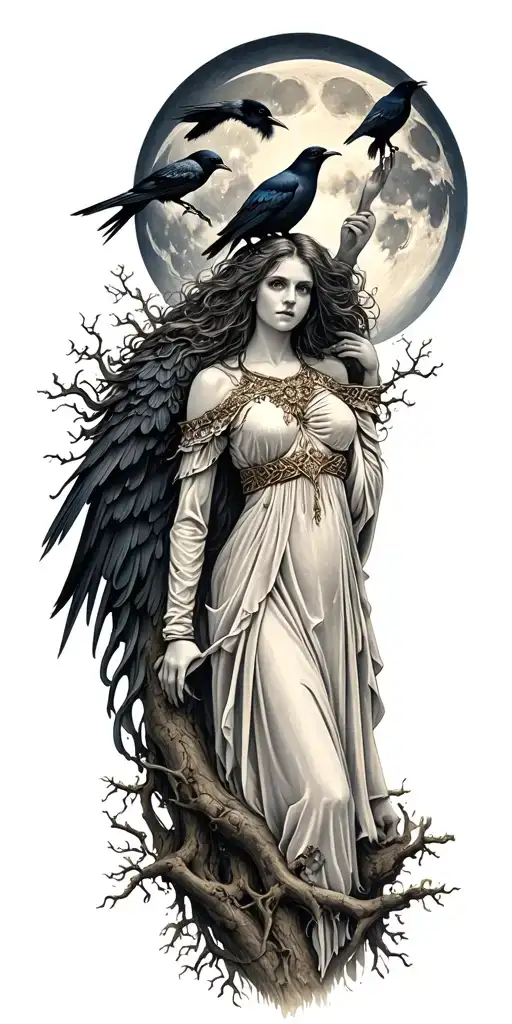 The Morrigan Irish Goddess With Crows An Old Oak Tree Growing And Bright Moonlight