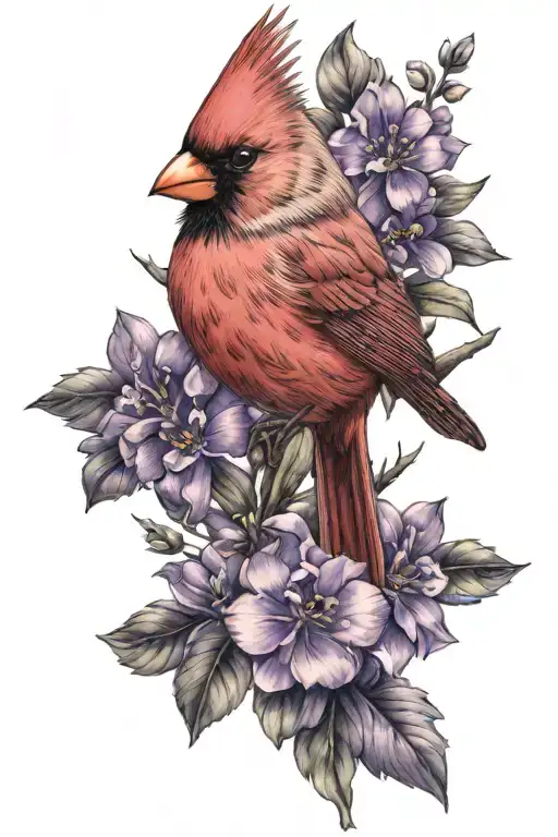 Cardinal With Purple Flowers