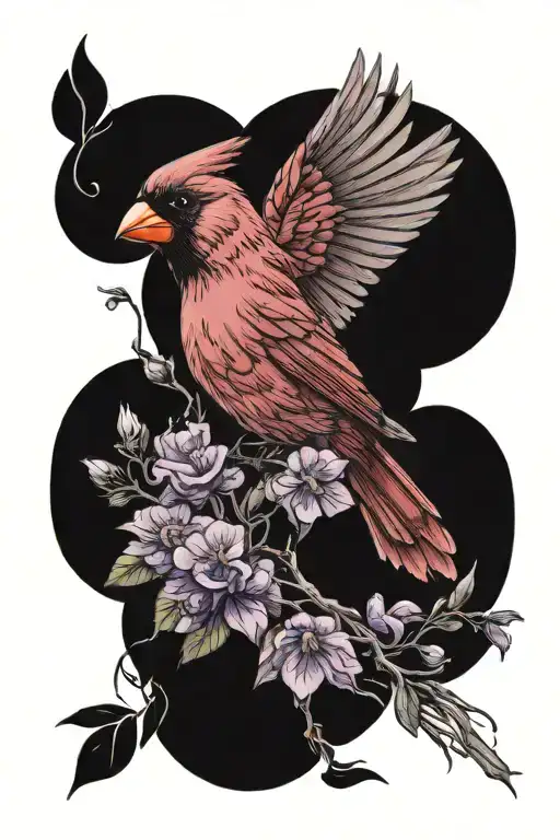 Cardinal With Wings Out With Purple Flowers