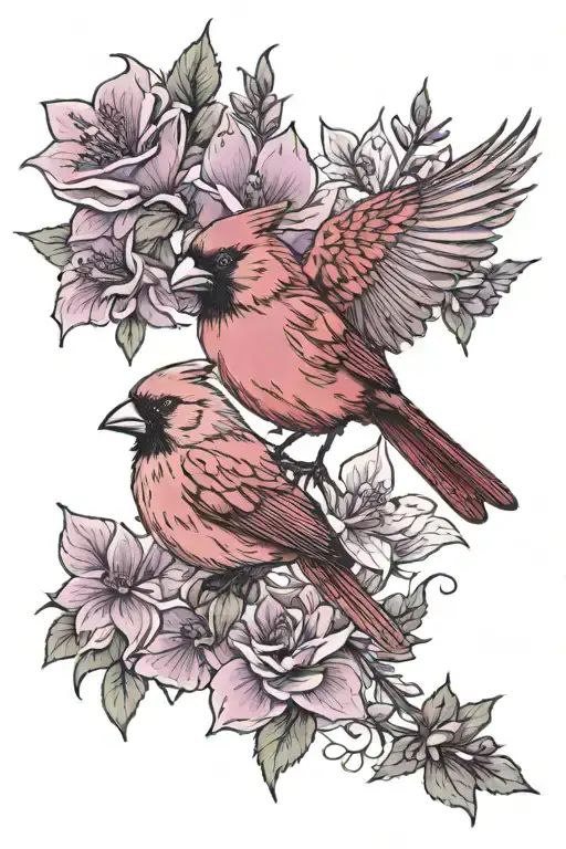 Cardinal With Wings Out With Purple Flowers Intertwined