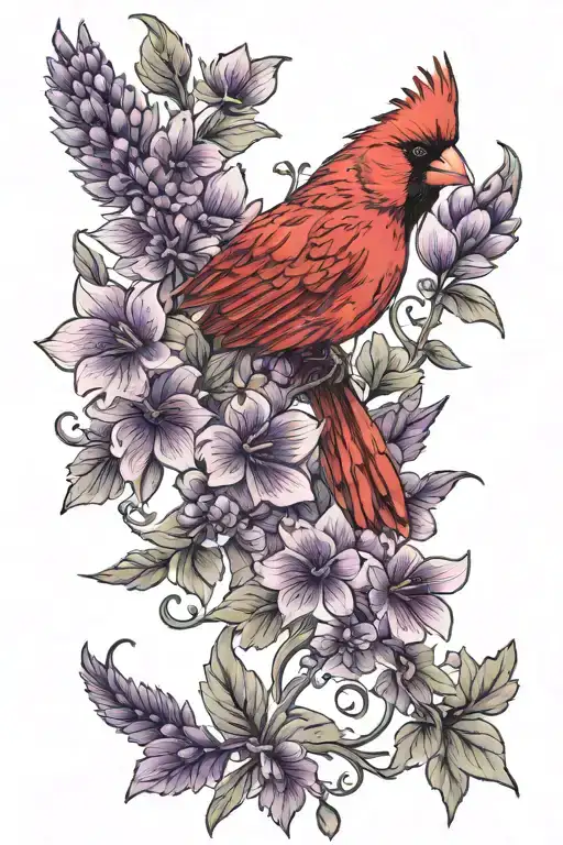 Cardinal With Both Wings Out With Dark Purple Flowers