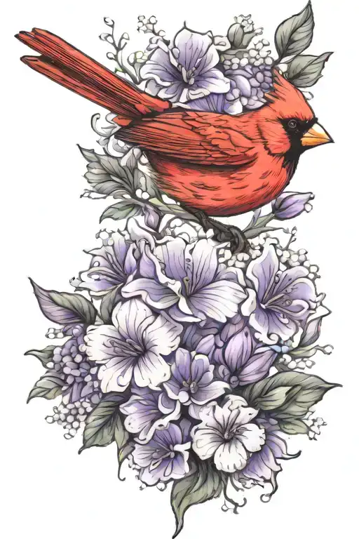 Flying Cardinal With Purple Flowers