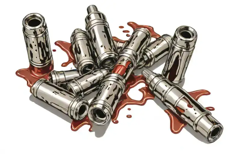 8 Bullets Of Different Calibers With 2 Bullets Spent And One Of The Spent Bullets Dripping Blood