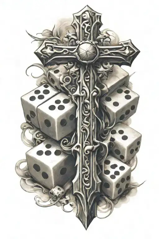 Cross As A Large Focus With A Loin On One Side And A Tabble With Dice On The Other