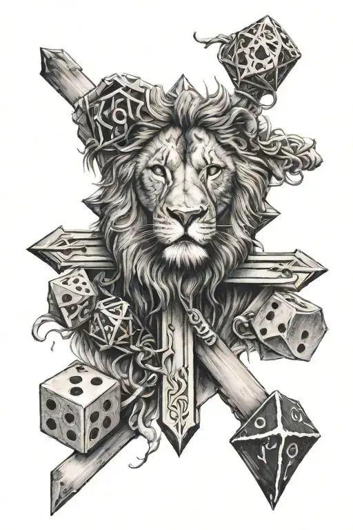 Simple Cross As A Large Focus With A Lion On One Side And A Table With 20 Sided Dice On The Other