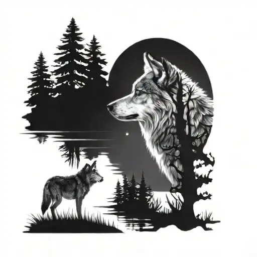 Wolf In A Forest Background Looking In A Pond And See Himself As A Pup In Moonlight Reflection