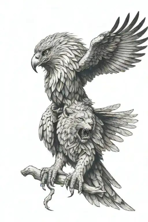 Hawk And Its Wings Wrapped Around Roaring Lion