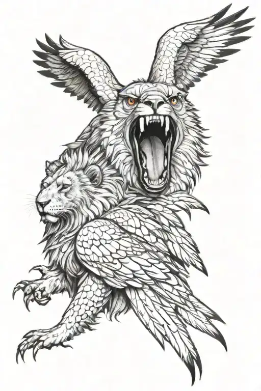 Hawk And Its Wings Wrapped Roaring Lion