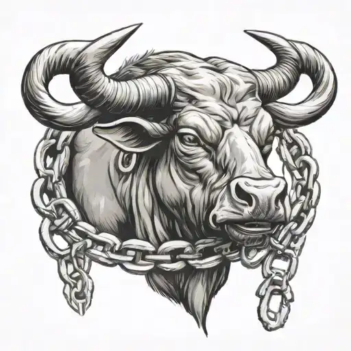 Brutal Bull With Massive Horns And Chains And A Ring In The Nose