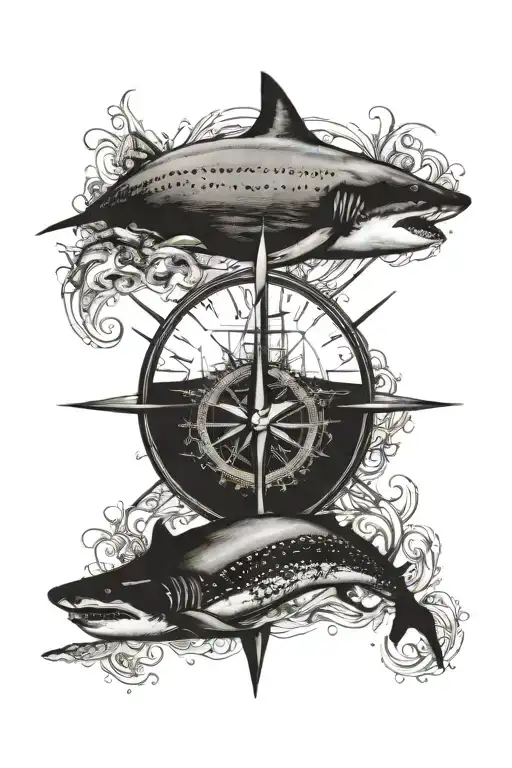 Sailboat Ocean Sun Compass Fish Whale Shark Octopus
