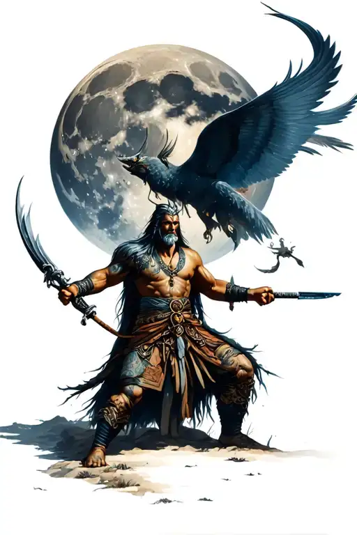 Ancestral Fighter In Night Landscape With Full Moon