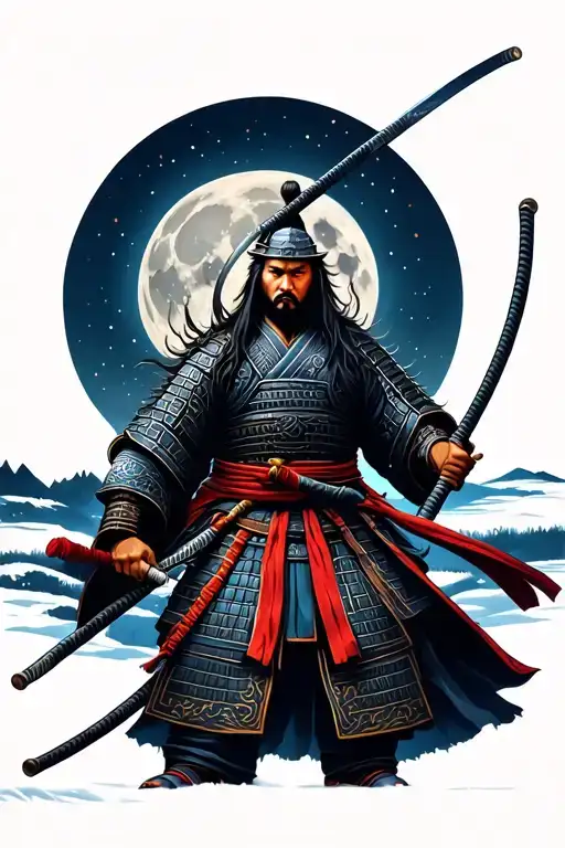 Samurai Fighter In Night Landscape With Full Moon