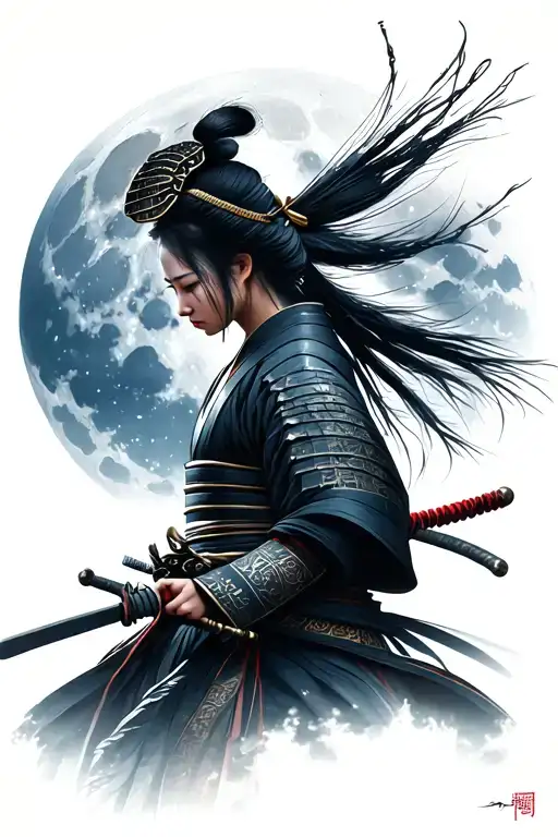 Samurai Woman In Night Landscape With Full Moon In The Background
